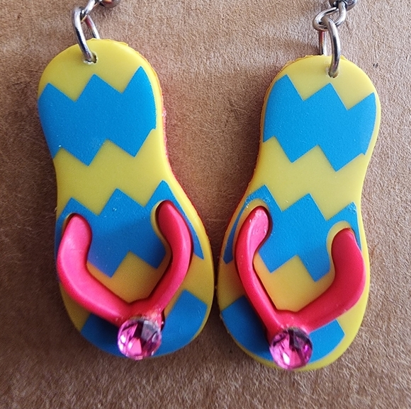 Yellow and Blue Flip Flop Stainless Steel Fishhook Earrings - Picture 2 of 5